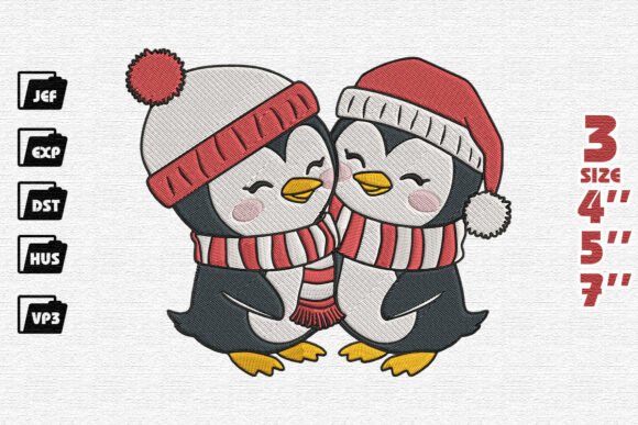 Adorable Cuddling Penguin Couple Christmas Embroidery