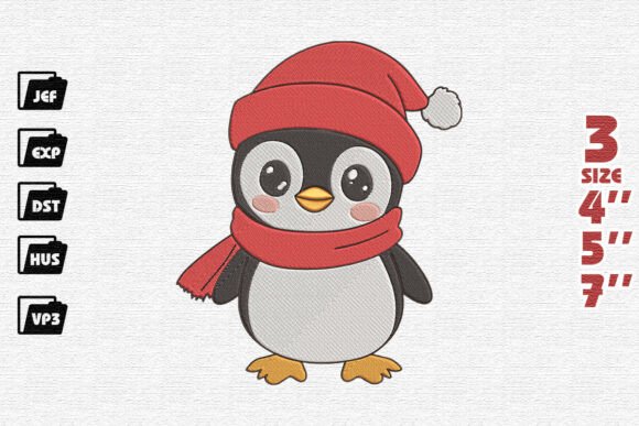 Cute Christmas Penguin in Santa Hat Embroidery Design