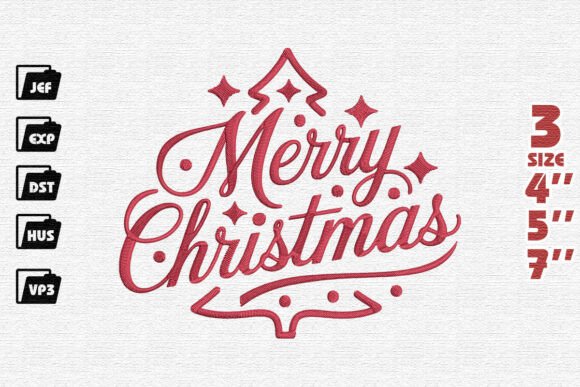 Festive Merry Christmas Typography Tree Embroidery Design