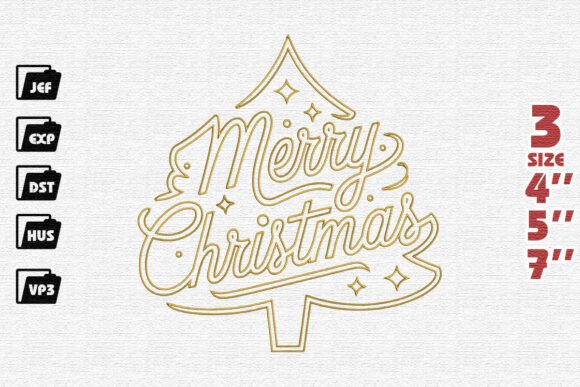 Golden Merry Christmas Tree Typography Embroidery Design