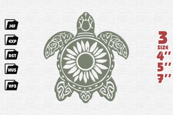 Ornate Sunflower Sea Turtle Embroidery Design