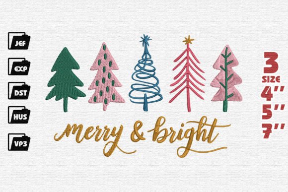 Whimsical Merry Bright Christmas Tree Collection Embroidery